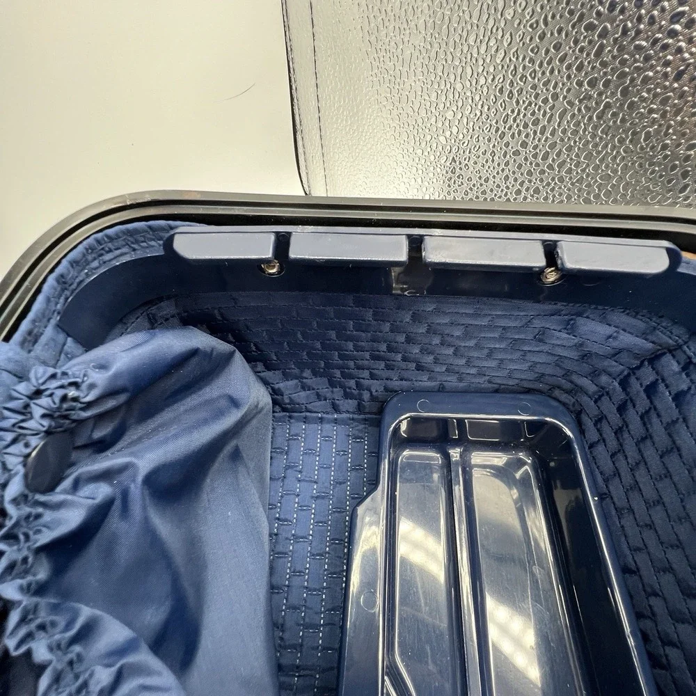 Blue Tweed Cloth Vanity Train Travel Case Inside Tray Pop-up Mirror